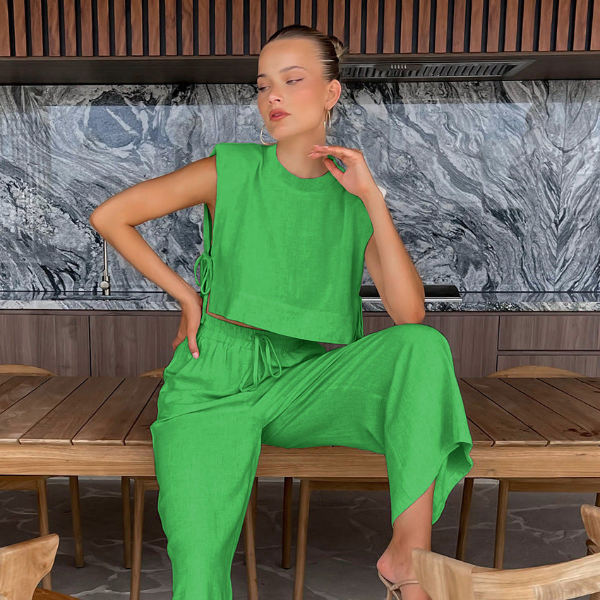 Conjunto de blusa y pantalón de lino y algodón de color liso para mujer, informal, a la moda, para vacaciones