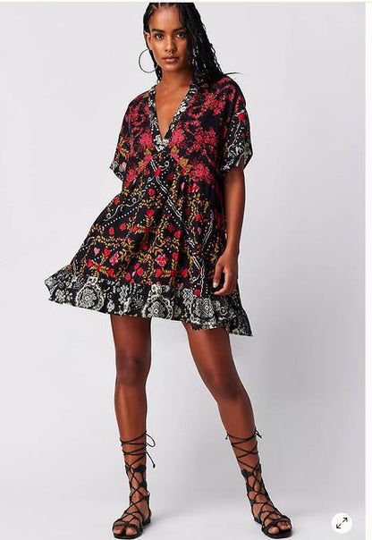 Women Fashion Casual Boho Multicolor Printed Stripe Short Sleeve V-Neck Dress