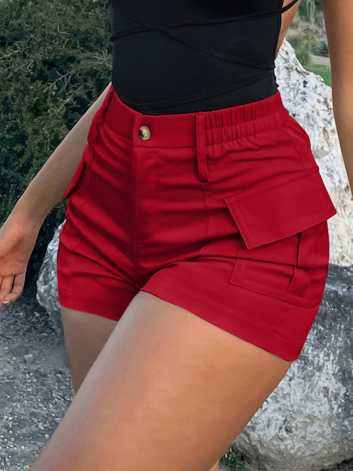 Women Fashion Casual Solid Color High Waist Button Pocket Shorts