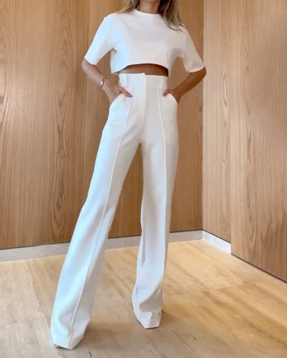 Conjunto de 2 piezas de camiseta corta informal de verano para mujer con manga corta y pantalones anchos de cintura alta