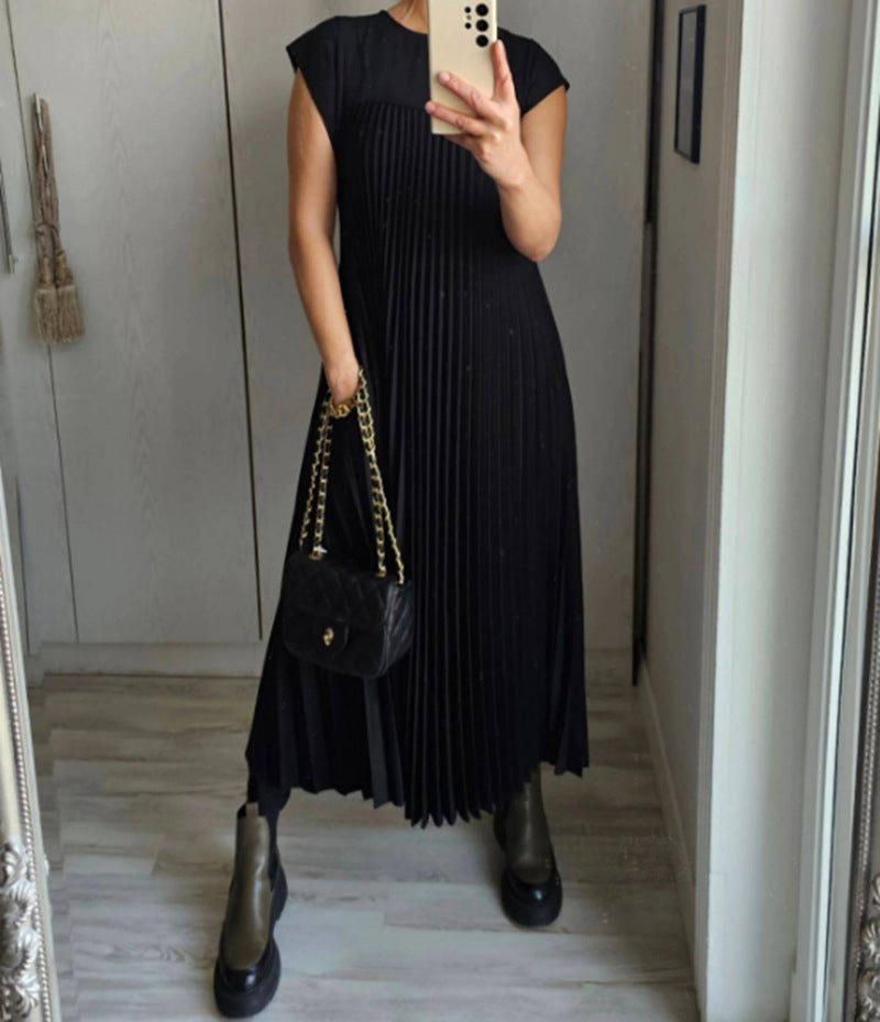 Women Fashion Casual Round Neck Short Sleeve Pleated Maxi Dress