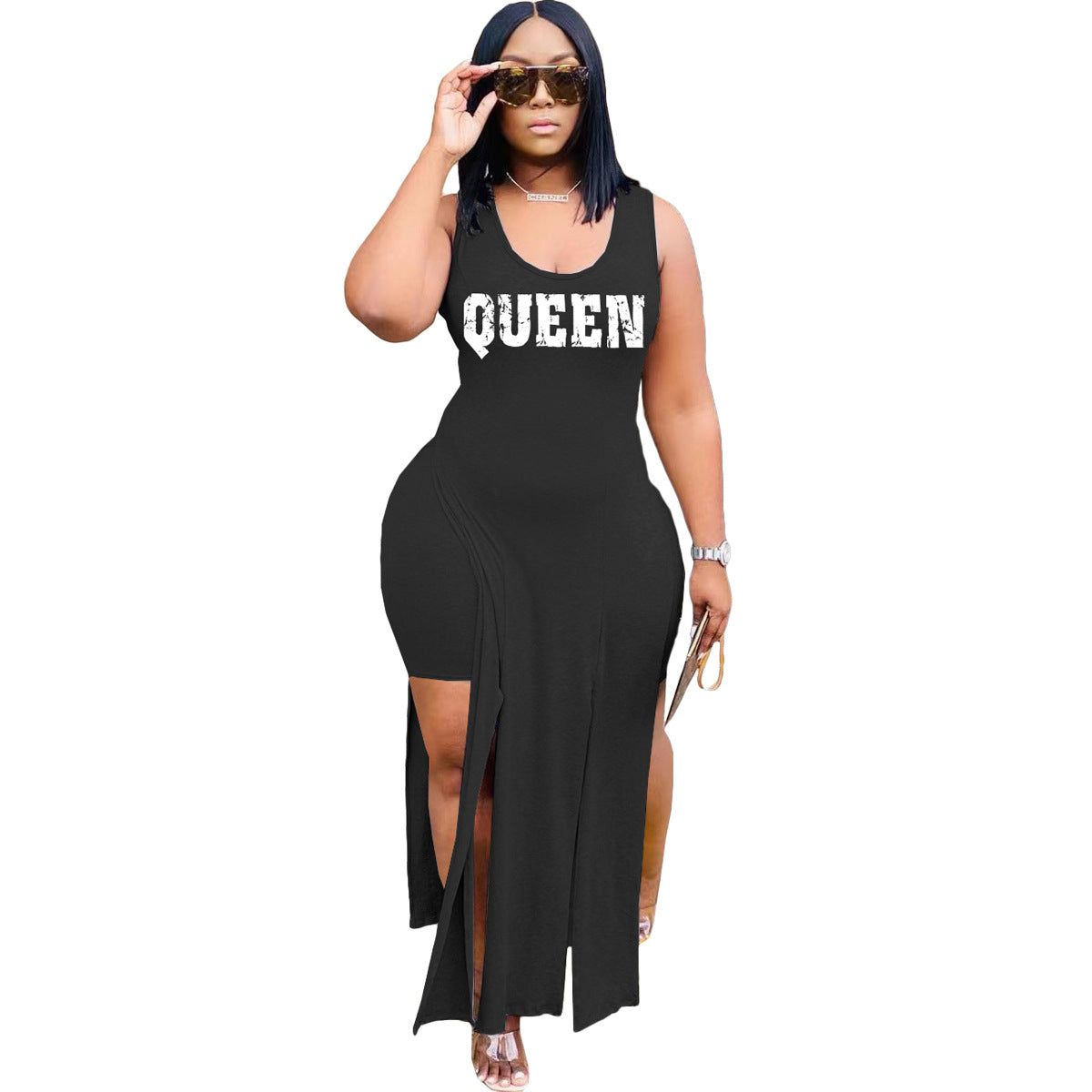 Conjunto de dos piezas básico informal sin mangas con estampado de letras Queen y dobladillo irregular para mujer y pantalones cortos de color liso