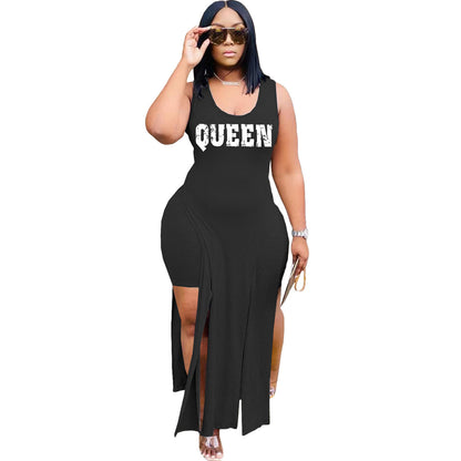 Conjunto de dos piezas básico informal sin mangas con estampado de letras Queen y dobladillo irregular para mujer y pantalones cortos de color liso