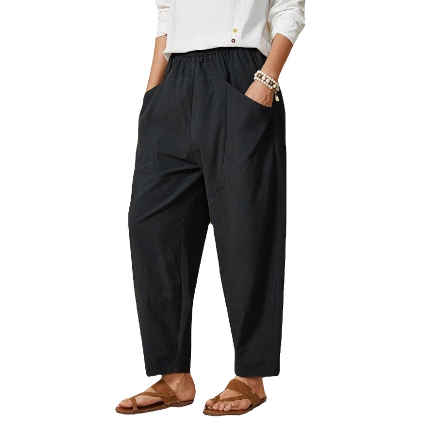 Women Solid Color Casual Stitching Loose Harem Elastic Waist Pants