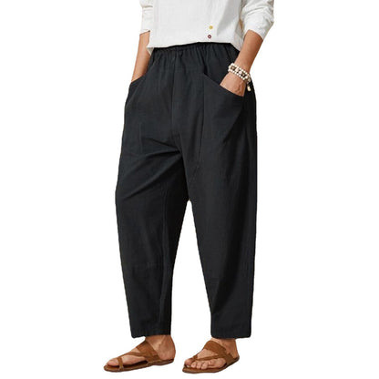 Women Solid Color Casual Stitching Loose Harem Elastic Waist Pants
