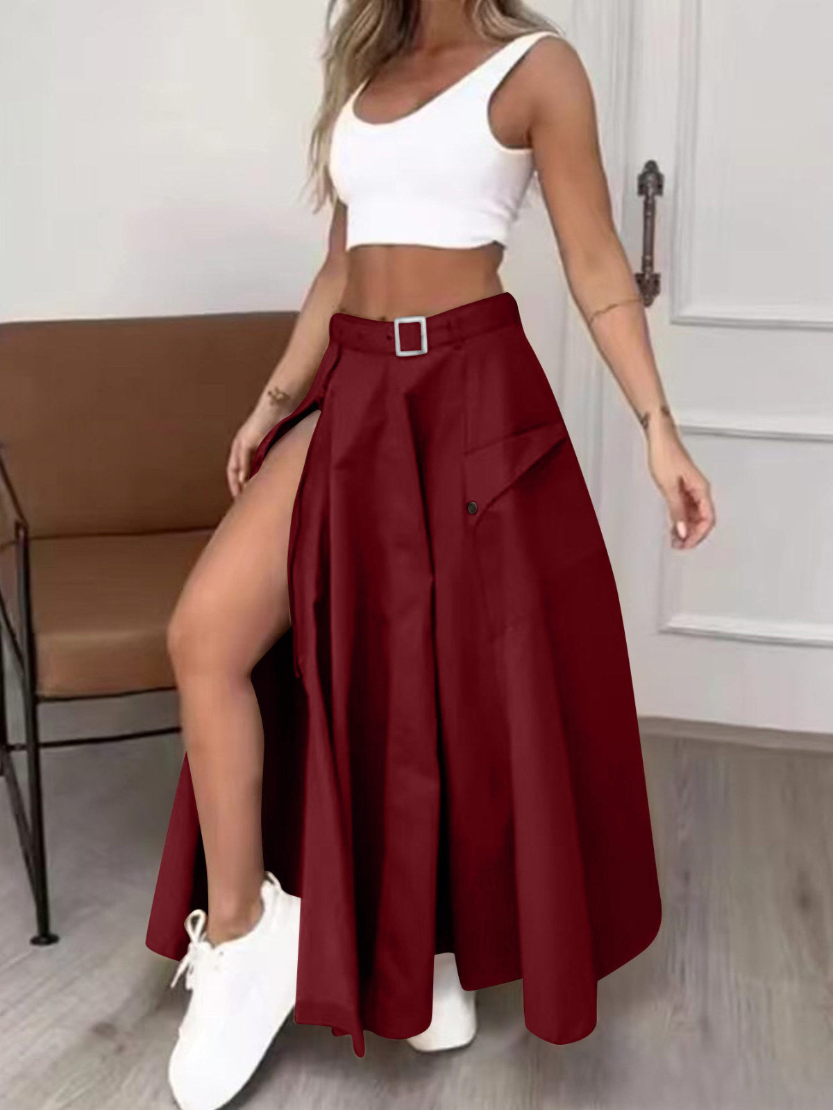 Women Fashion Casual Solid Color Split Skirt
