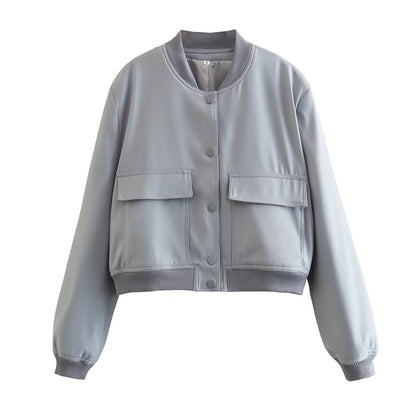 Chaqueta informal de manga larga con bolsillos de color liso a la moda para mujer