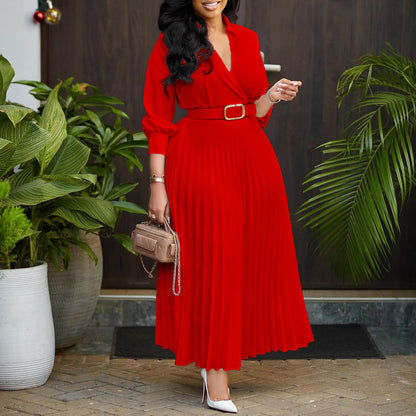 Women Fashion Casual Solid Color V-Neck Long Sleeve Pleated Dress With Belt