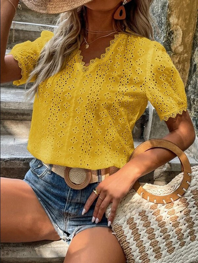 Blusa informal de verano para mujer, color liso, manga corta, hueca
