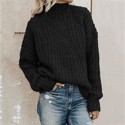 Winter Women Solid Color Turtleneck Long Sleeve Knit Loose Casual Sweater