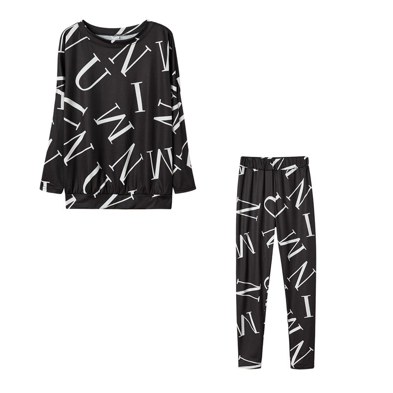 Conjunto de top y pantalón de manga larga con estampado de letras informales para mujer
