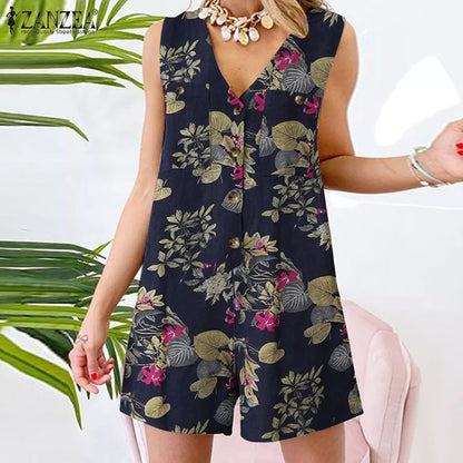 Women Casual Vacation Printed V-Neck Sleeveless Loose Rompers