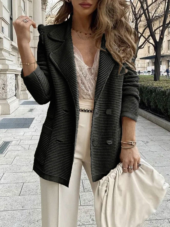 Women Fall Winter Solid Color Textured Casual Top Long Sleeve Jacket Corduroy Blazer