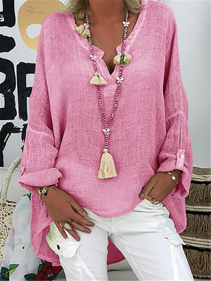 Blusa holgada informal de manga larga con cuello en V para mujer, talla grande