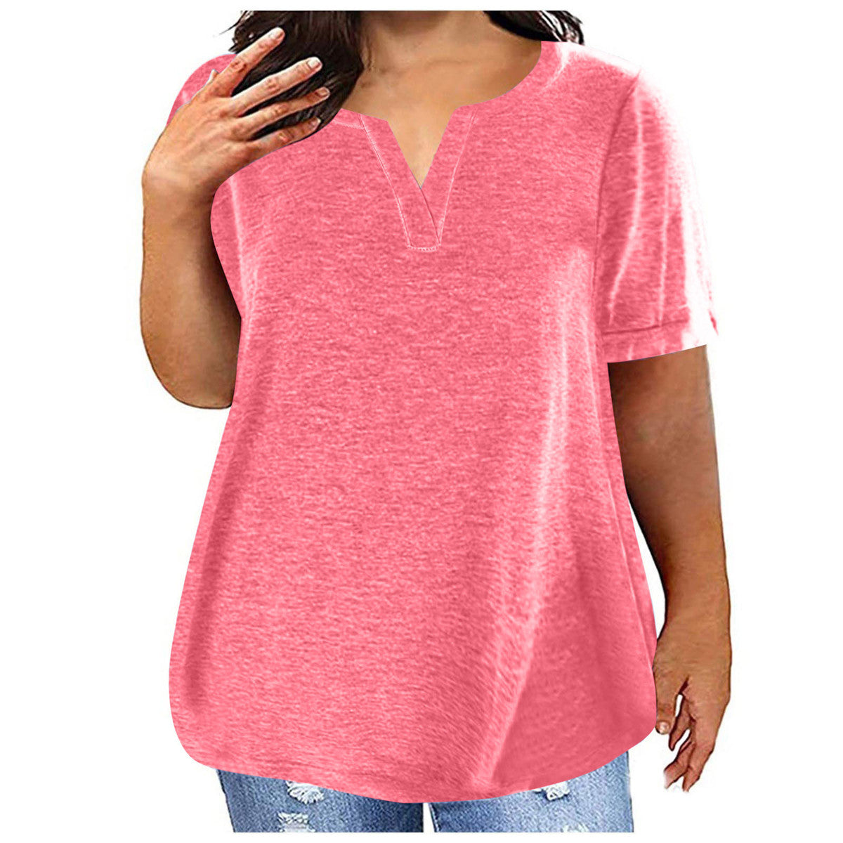 Women Casual Plus Size Solid Color V-Neck Short Sleeve Pocket T-Shirt