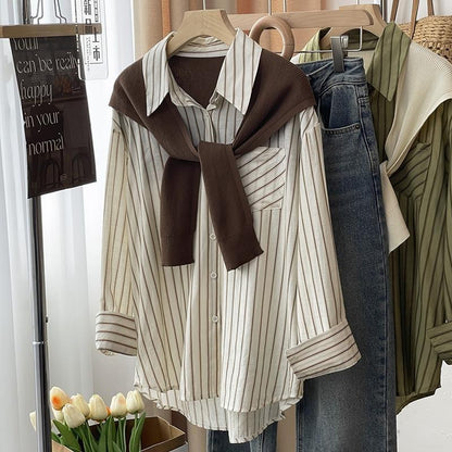 Autumn Shawl Fake Two-Piece Stripe Shirt Women Casual Long Sleeve Lapel Blouse