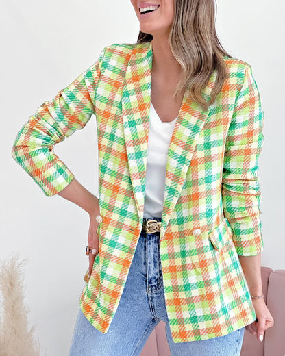 Chaqueta blazer cruzada con estampado a cuadros de manga larga informal para mujer