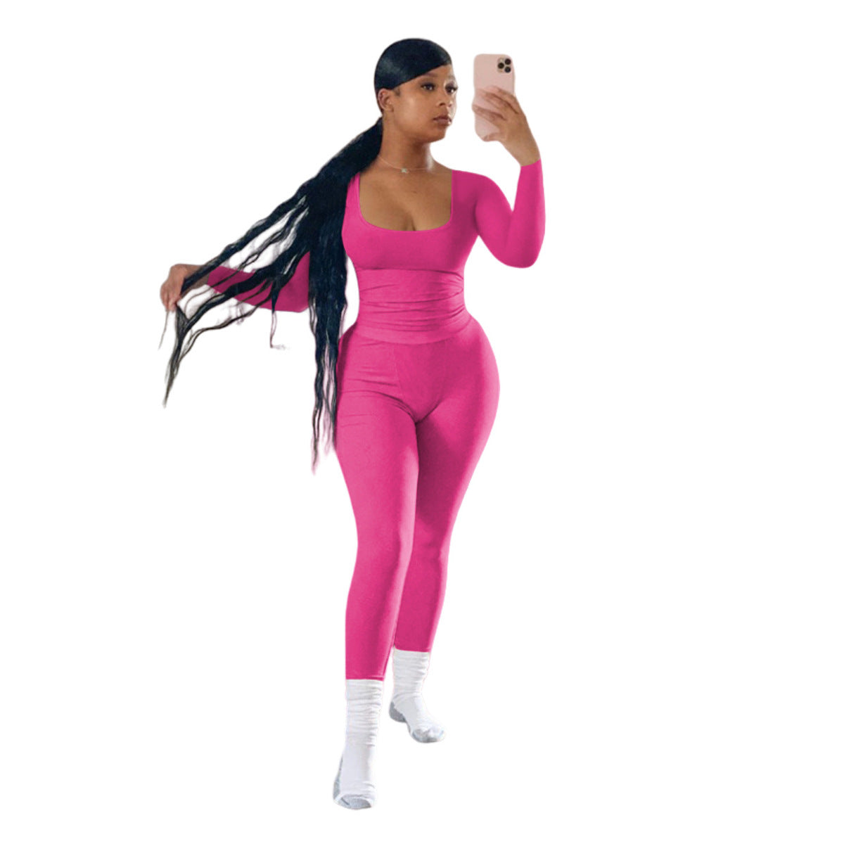 Women Fashion Casual Solid Color Thread Long Sleeve Top Tight Pants Two-Piece Set