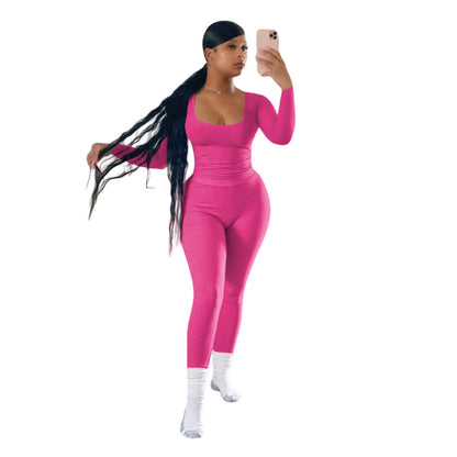 Women Fashion Casual Solid Color Thread Long Sleeve Top Tight Pants Two-Piece Set