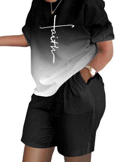 Conjunto de dos piezas de top y pantalones cortos de manga corta con cuello redondo y estampado gráfico informal para mujer