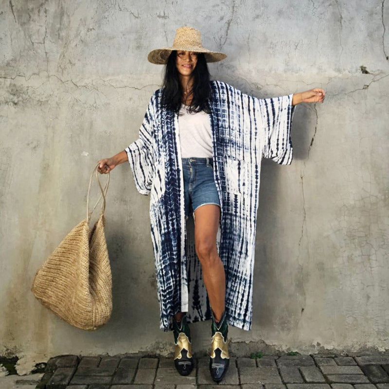Traje de baño de bikini de playa de manga larga holgado con estampado para mujer, traje de baño informal para vacaciones