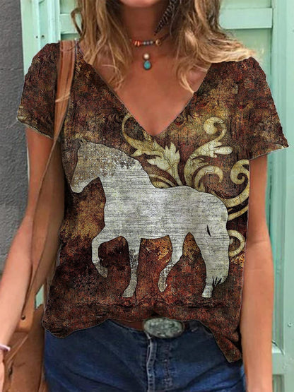 Camiseta informal holgada con cuello en V y manga corta para mujer