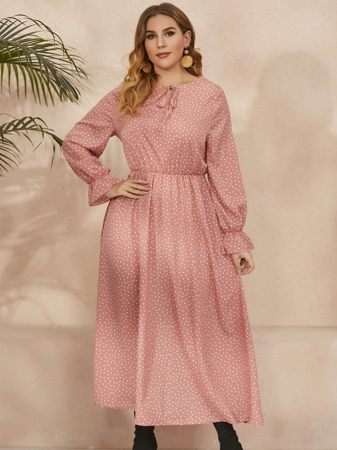 Women Fashion Casual Plus Size Polka Dot Print Long Sleeve Dress