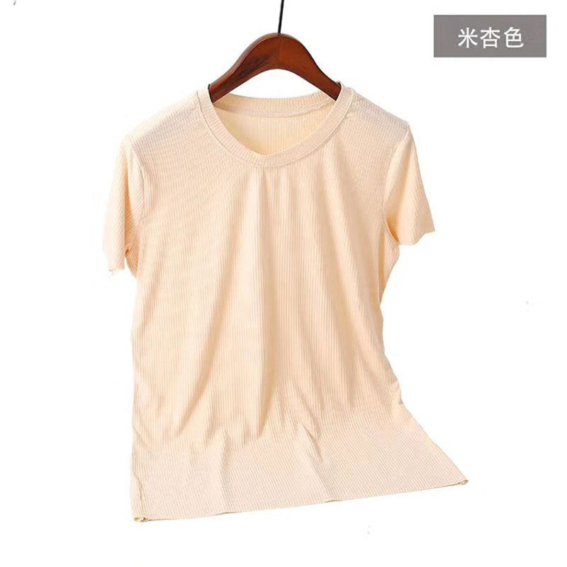 Camiseta informal de verano para mujer, de color liso, con cuello redondo y manga corta en blanco