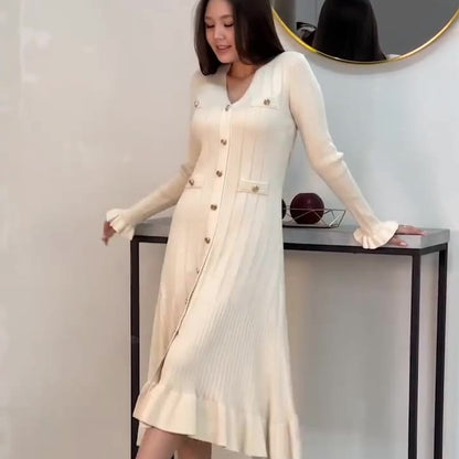 Vestido maxi de punto ajustado de manga larga con escote en V y color liso informal de otoño para mujer