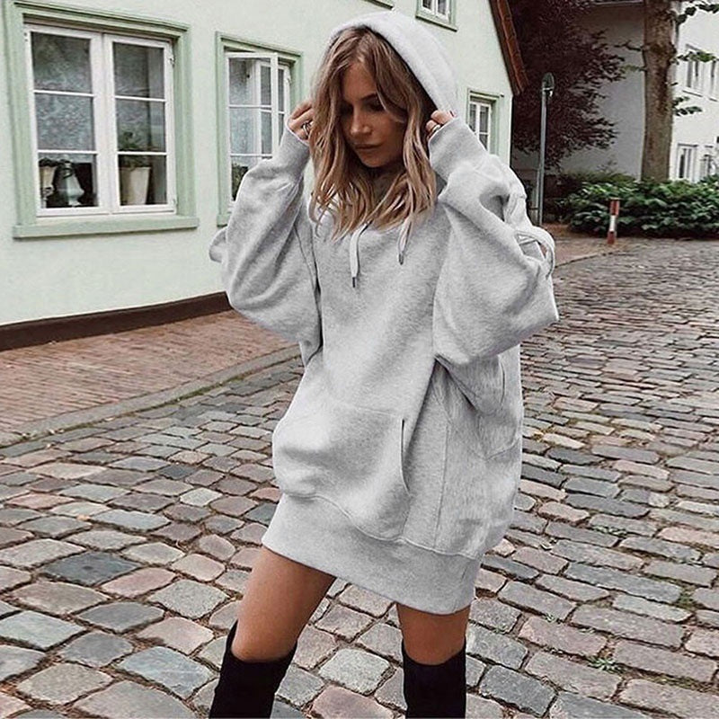 Sudadera con capucha holgada con bolsillo, color liso, básica, deportiva e informal para mujer