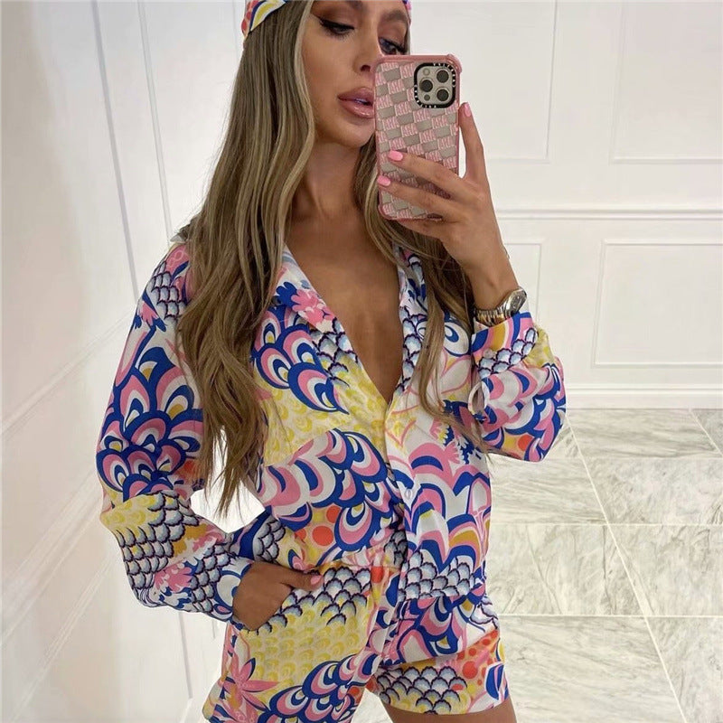 Conjunto de tres piezas de blusa y pantalones cortos de manga larga con turbante, estilo bohemio, informal y vintage para mujer
