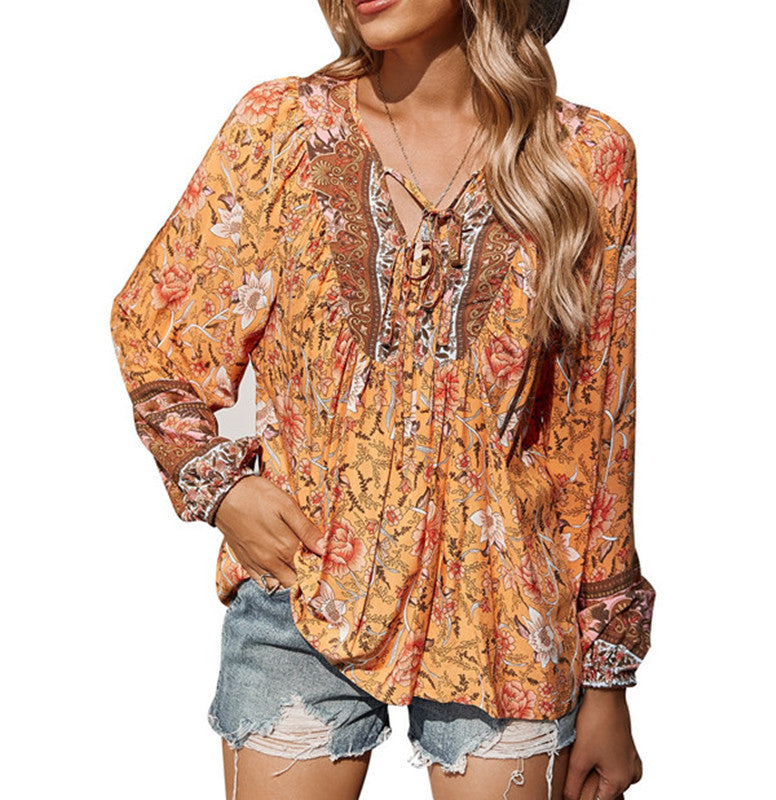 Camiseta informal de vacaciones con cuello en V y cordones para mujer