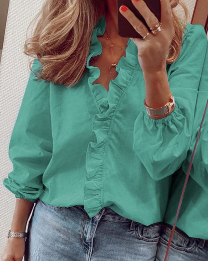 Blusa informal con cuello en V y mangas farol con volantes para mujer