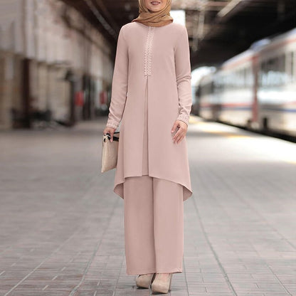 Conjunto informal de abaya de color liso con manga larga y encaje para mujer