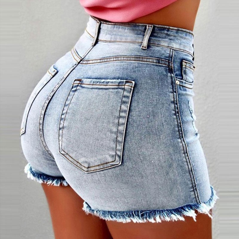 Women Casual Summer High Waist Raw Hem Denim Shorts With Pockets