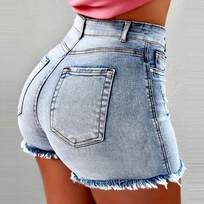 Women Casual Summer High Waist Raw Hem Denim Shorts With Pockets