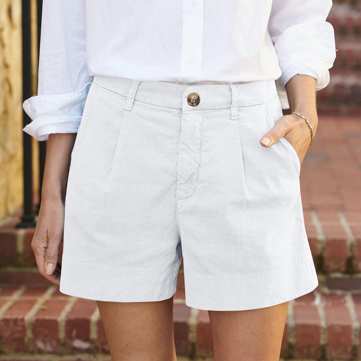 Women Fashion Casual Solid Color Cotton And Linen Shorts