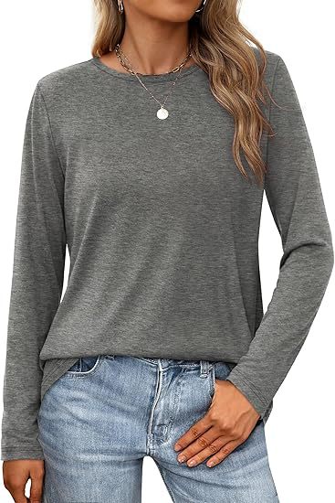 Camiseta informal de verano para mujer, color liso, cuello redondo, manga larga, en blanco