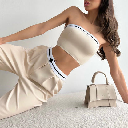Conjunto informal de pantalones anchos y cintura alta con contraste de color y parte superior de tubo urbana vanguardista para mujer