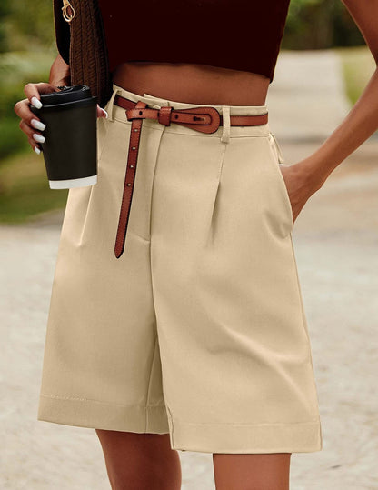Women Fashion Casual Solid Color Elastic Waist Wide Leg Pockets Shorts