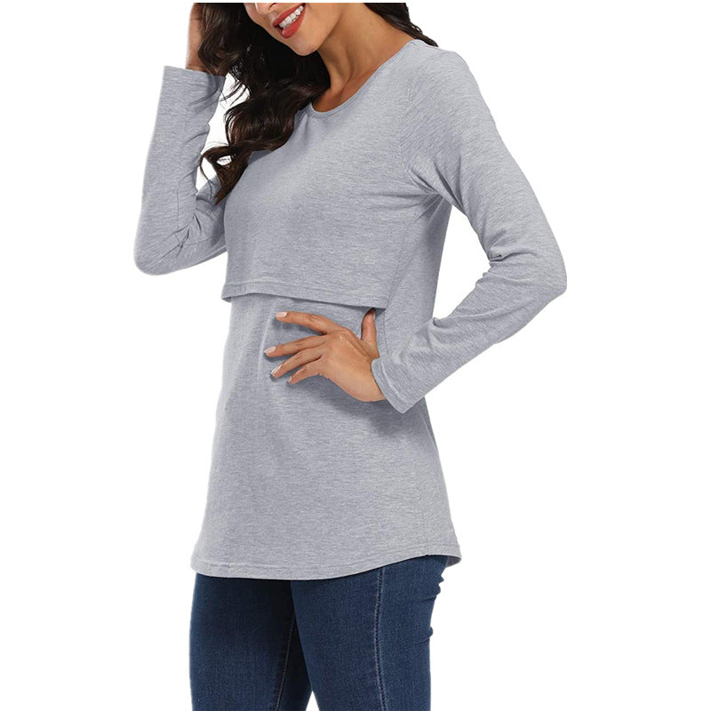Pregnant Women Casual Solid Color Crewneck Long Sleeve Breastfeeding Top