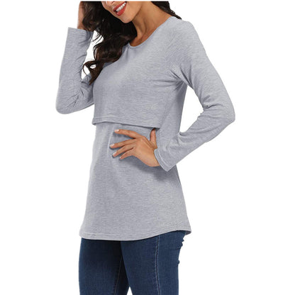 Pregnant Women Casual Solid Color Crewneck Long Sleeve Breastfeeding Top