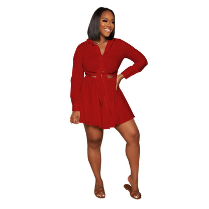 Women Casual Solid Color Long Sleeve Hollow Knot Swing Dress
