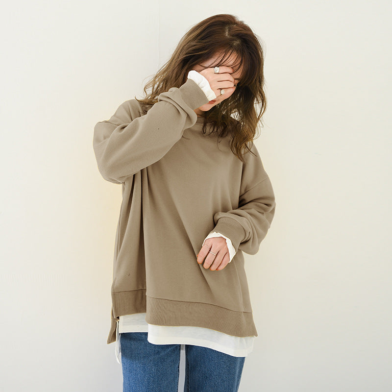 Women Fashion Casual Solid Color Fake Two-Piece Long Sleeve Crewneck Sweatshirt