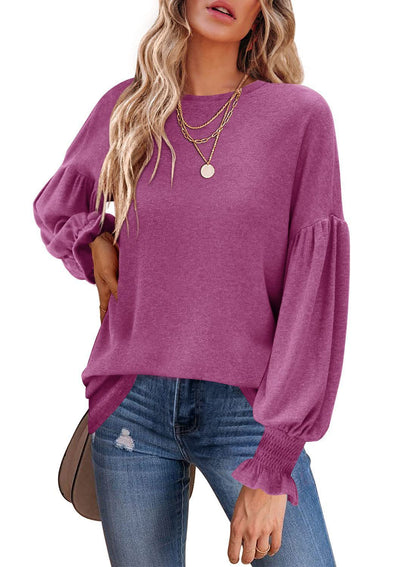 Camiseta informal de cuello redondo y mangas farol para mujer