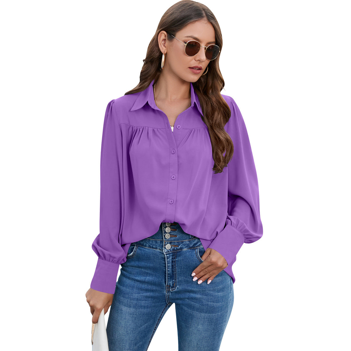 Blusa informal de gasa plisada de manga larga de color liso para mujer, talla grande