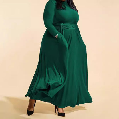 Women Fashion Casual Solid Color High Neck Long Sleeve Lace-Up Plus Size Dress