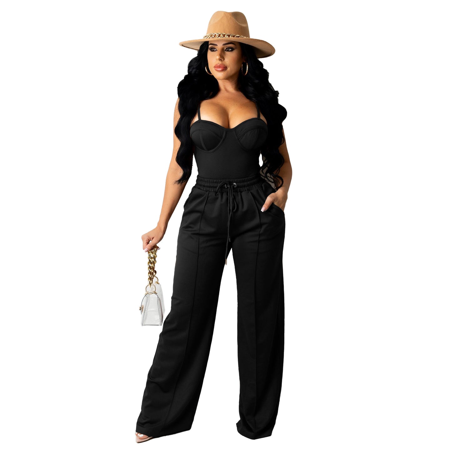 Conjunto de camiseta y pantalón recto de verano para mujer, informal, de color liso