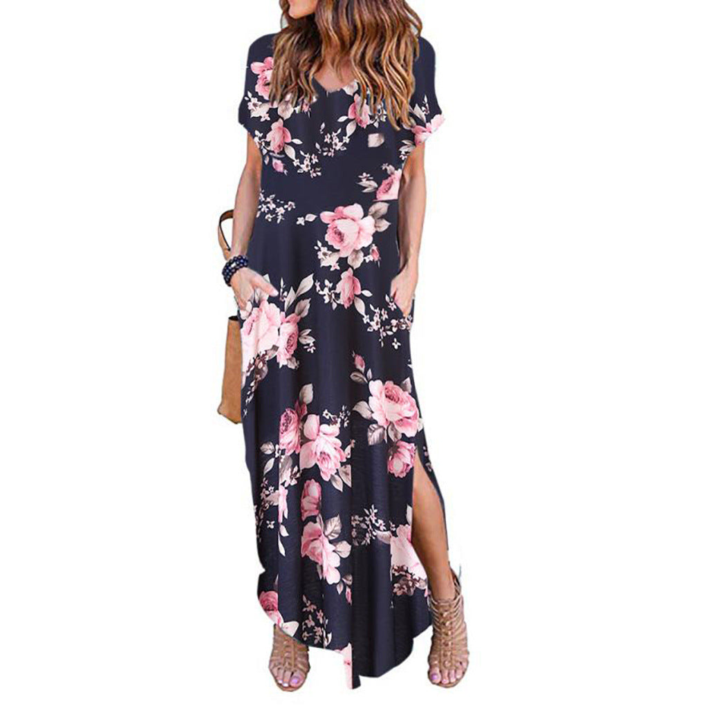 Vestido largo informal bohemio de verano para mujer, con estampado floral, manga corta, abertura lateral y cuello en V