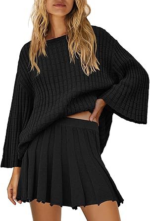 Women Fashion Casual Solid Color Knitted Stripe Long Sleeve Sweater Pleated Skirt Two-Piece Set